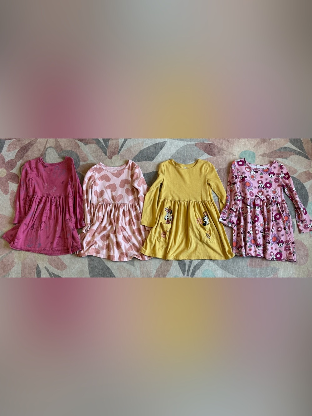 Disney Girls' Mustard Yellow Minnie Mouse Pocket Dress with Pink Heart Dress